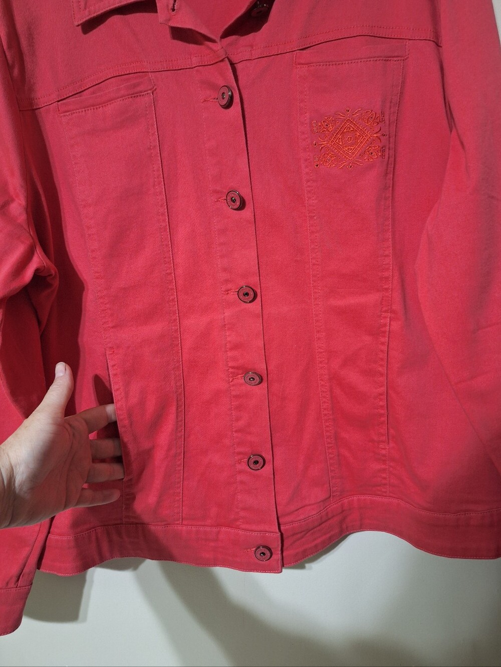 Simon Chang Coral Embroidered Denim Jacket Size 16 - Picture 7 of 13